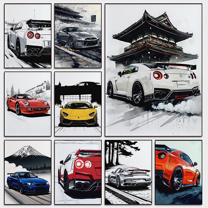 Japanese Luxury Lifestyle - Supercar-Wandkunst-Poster im japanischen Stil, moderner Automotive-Skyline-Druck,
